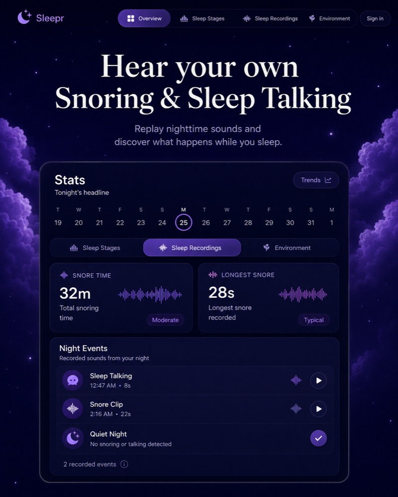 Sleepr sleep-recordings panel with snore time, longest snore, and replayable night events